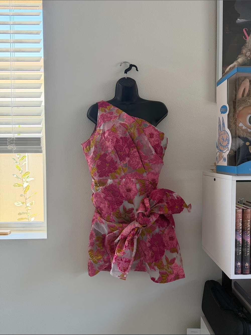 Reverse One-Shoulder Floral Mini Dress in Pink and Green